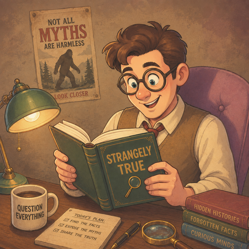 Strangely True at their desk, surrounded by books, mid-investigation